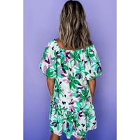 Green Floral Print Shirred Square Neck Loose Fit Mini Dress - M thumbnail