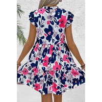 Fashion Floral Print Notched Neck Flutter Sleeve Mini Dress - S thumbnail