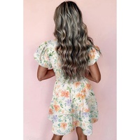 Beige Floral Print Shirred High Waist Puff Sleeve Mini Dress - L thumbnail