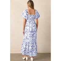 Sky Blue Floral Print Square Neck Bubble Sleeve High Waist Maxi Dress - XL thumbnail