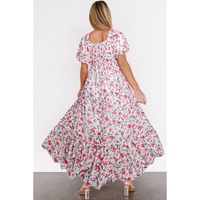 Pink Floral Puff Sleeve Square Neck Empire Waist Tiered Maxi Dress - L thumbnail