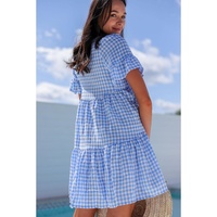 Sky Blue Gingham Short Sleeve Button Tie Split Neck Loose Mini Dress - L thumbnail