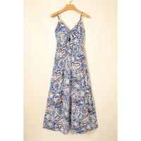 Blue Paisley Print Twist Detail Smocked Back Spaghetti Straps Long Dress - L thumbnail