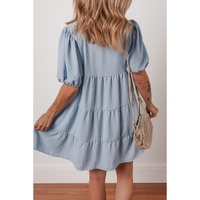 Beau Blue Shirt Collar Button Up Short Puff Sleeve Tiered Shift Dress - M thumbnail