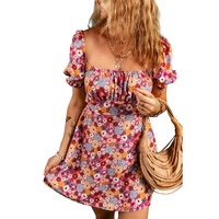 Red Floral Puff Sleeve Square Neck Knot Open Back Mini Dress - L thumbnail