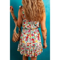 Red Floral Knotted Straps Cinched Waist Ruffle Hem Mini Dress - L thumbnail