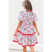 Pink Floral Print Contrast Trim V Neck Bubble Short Sleeve Babydoll Dress - L thumbnail