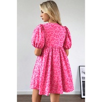 Rose Leopard Puff Sleeve Tie Front High Waist Mini Dress - S thumbnail