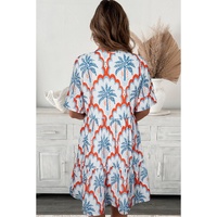 Orange Contrast Palm Tree Printed Short Sleeve Flowy Dress - L thumbnail