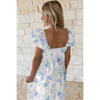 Sky Blue Floral Smocked High Waist Double Ruffle Sleeveless Long Dress - L thumbnail