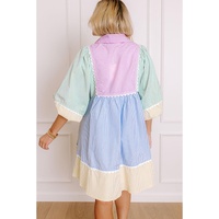 Multicolour Striped Patchwork Ric Rac Puff Sleeve Collared Mini Dress - L thumbnail