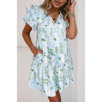Sky Blue Floral Contrast Edge Layered Short Sleeve Mini Dress - S thumbnail