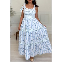 Sky Blue Floral Smocked Tied Straps A-Lined Tiered Maxi Dress - L thumbnail