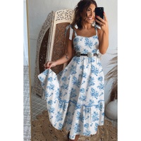 Sky Blue Floral Print Shirred Knot Shoulder Sleeveless Long Dress - M thumbnail