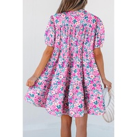 Pink Floral Collared Half Placket Short Sleeve Loose Dress - L thumbnail