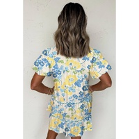 Blue Floral Striped Trim Puff Short Sleeve Dress - XL thumbnail