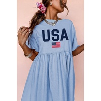 Sky Blue USA Flag Print Short Sleeve High Waist Babydoll Dress - M thumbnail
