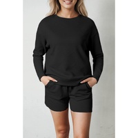 Black Textured Long Sleeve Top and Drawstring Shorts Set - S thumbnail