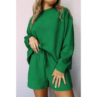 Green Textured Long Sleeve Top and Drawstring Shorts Set - L thumbnail