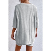 Gray Plain Ribbed Loose Fit Two Piece Lounge Set - S thumbnail