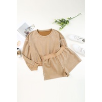 Azura Exchange Khaki Piping Trim Long Sleeve Terry Shorts Set - L thumbnail