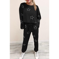 Black Stars Print Long Sleeve Drawstring High Waist Lounge Set - M thumbnail