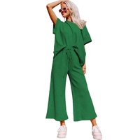 Dark Green Textured Loose Fit T Shirt and Drawstring Pants Set - S thumbnail