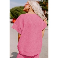 Strawberry Pink Textured Loose Fit T Shirt and Drawstring Pants Set - L thumbnail
