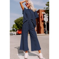 Navy Blue Textured Loose Fit T Shirt and Drawstring Pants Set - M thumbnail