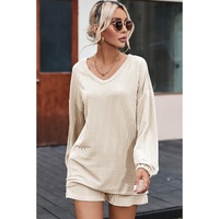 Beige Corded V Neck Slouchy Top Pocketed Shorts Set - M thumbnail