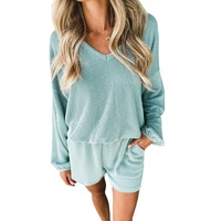 Mist Blue Corded V Neck Slouchy Top Pocketed Shorts Set - M thumbnail