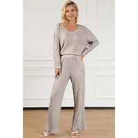 Khaki Ribbed Knit V Neck Slouchy Two-piece Outfit - S thumbnail