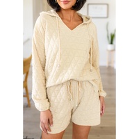 Beige Quilted V Neck Hoodie Drawstring Shorts Set - XL thumbnail