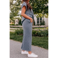 Real Teal Quilted Short Sleeve Wide Leg Pants Set - L thumbnail