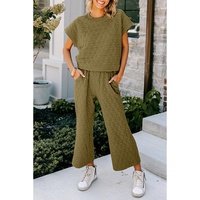Sage Green Quilted Short Sleeve Wide Leg Pants Set - L thumbnail