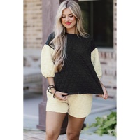 Black Color Block Quilted 3/4 Sleeve Top and Shorts Set - XL thumbnail
