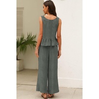 Duffel Green Solid Color Ribbed Ruffle Tank Top and Pants Set - M thumbnail