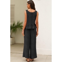 Black Solid Color Ribbed Ruffle Tank Top and Pants Set - M thumbnail
