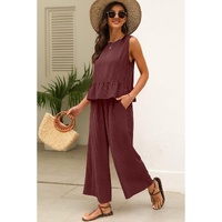 Red Dahlia Solid Color Ribbed Ruffle Tank Top and Pants Set - L thumbnail