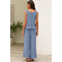 Beau Blue Solid Color Ribbed Ruffle Tank Top and Pants Set - M thumbnail