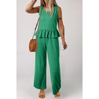Green Solid Color Ribbed Ruffle Tank Top and Pants Set - S thumbnail