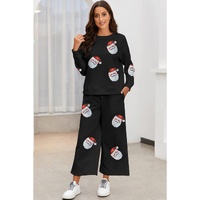 Black Christmas Sequined Santa Clause Print Textured Pants Set - S thumbnail