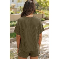 Jungle Green Ribbed Textured Knit Loose Fit Tee and Shorts Set - L thumbnail