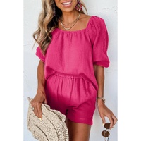 Bright Pink Crinkled Textured Square Neck Puff Sleeve and Shorts Set - L thumbnail