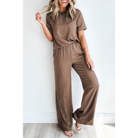 Smoke Gray Solid Color T Shirt 2pcs Wide Leg Pants Set - L thumbnail