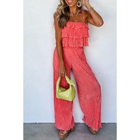 Pale Chestnut Ruffle Tiered Cami Pleated Wide Leg Pants Set - L thumbnail