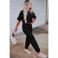 Black Lattice Textured Cropped Tee and Jogger Pants Set - XL thumbnail