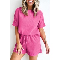 Rose Red Casual Textured Tee and Drawstring Shorts Set - L thumbnail
