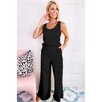 Black Crinkled U Neck Tank Top and Wide Leg Pants Set - XL thumbnail