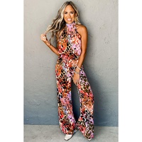 Black Multicolor Leopard Print Halter Tank Top and Pants Set - M thumbnail